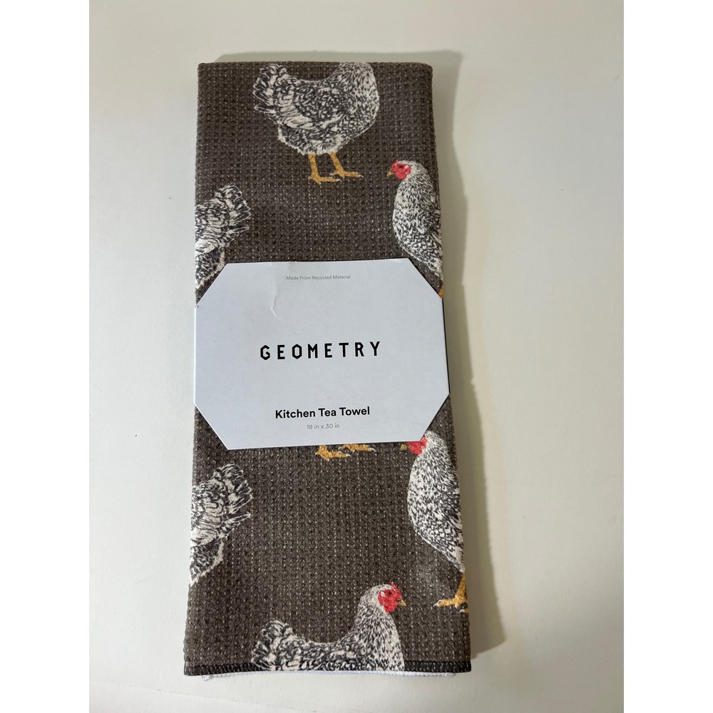 Geometry Kitchen Tea Towels Farm House Chickens Brown White NWT